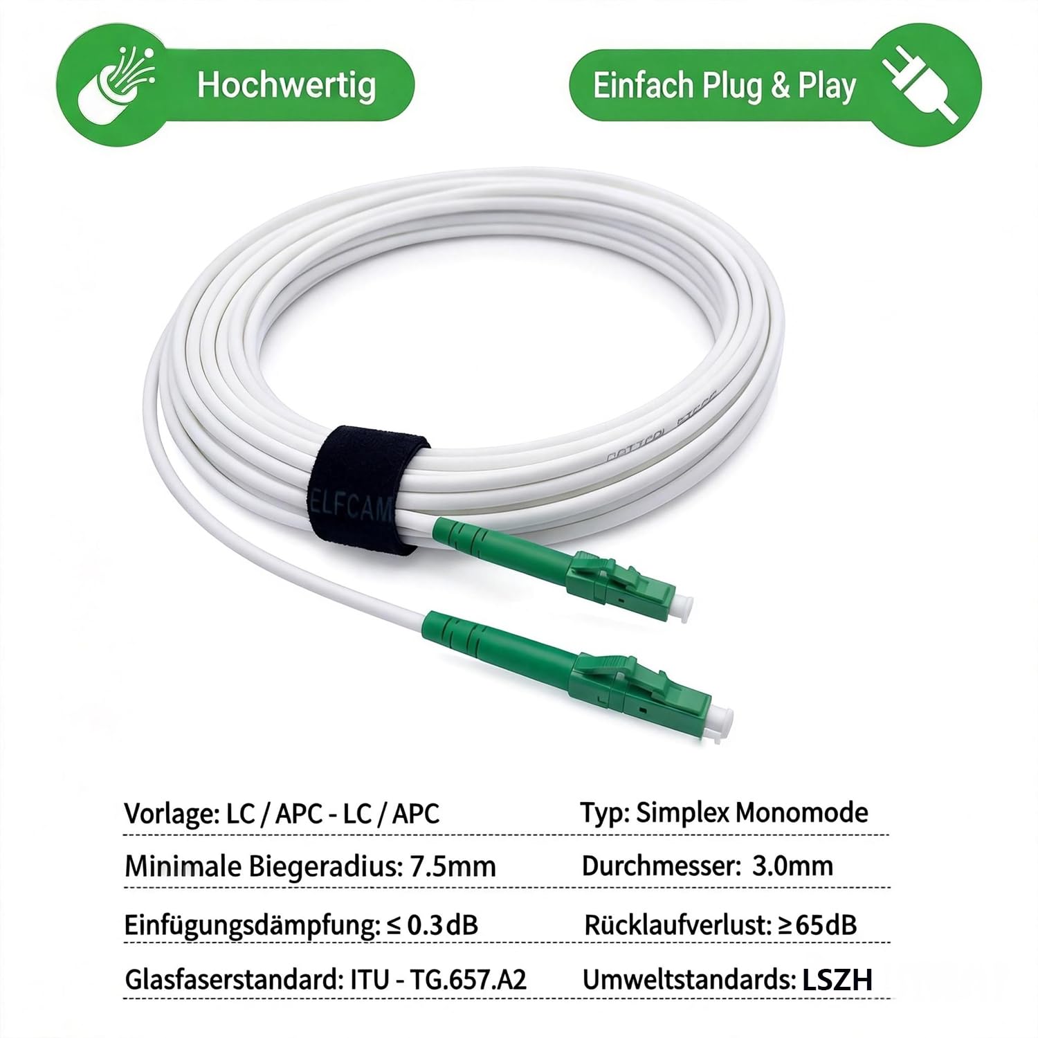 Elfcam® - 50m Weißes Glasfaserkabel LC/APC auf LC/APC Stecker, Kompatibel mit Deutscher Telekom, Simplex 9/125μm Patchkabel, Lichtwellenleiter LSZH, LWL,50Meter