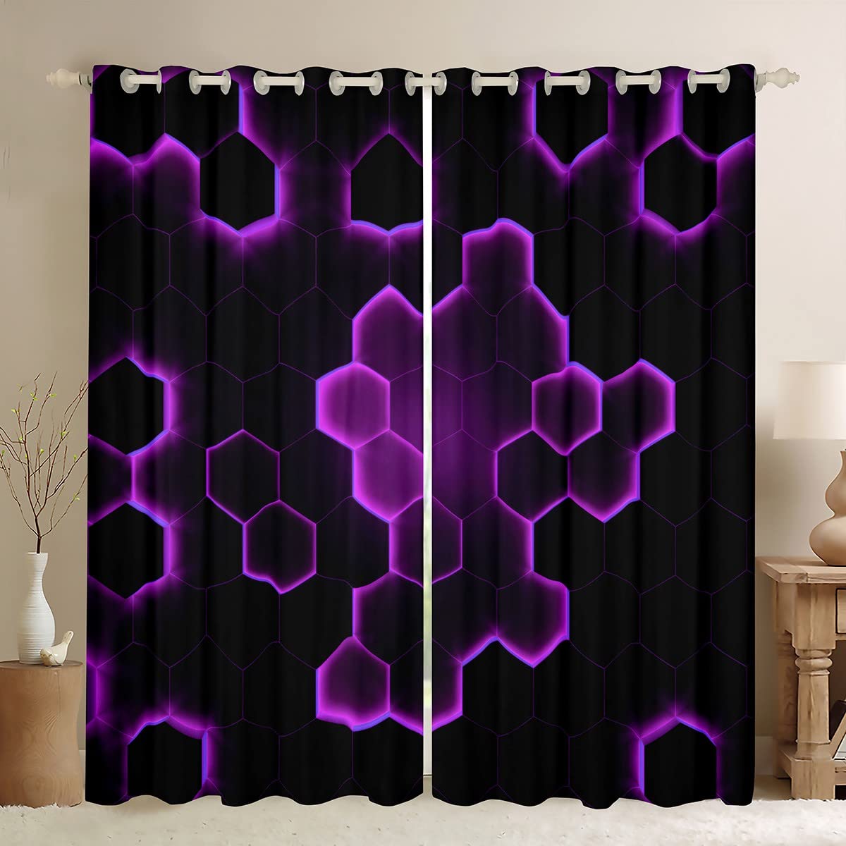 Homemissing 3D Honeycomb Curtains for Bedroom Purple Hexagonal Window Treatment Beehive Window Drapes Abstract Soft Decor Window Draperies for Kids Boys Girls Adults W46*L54