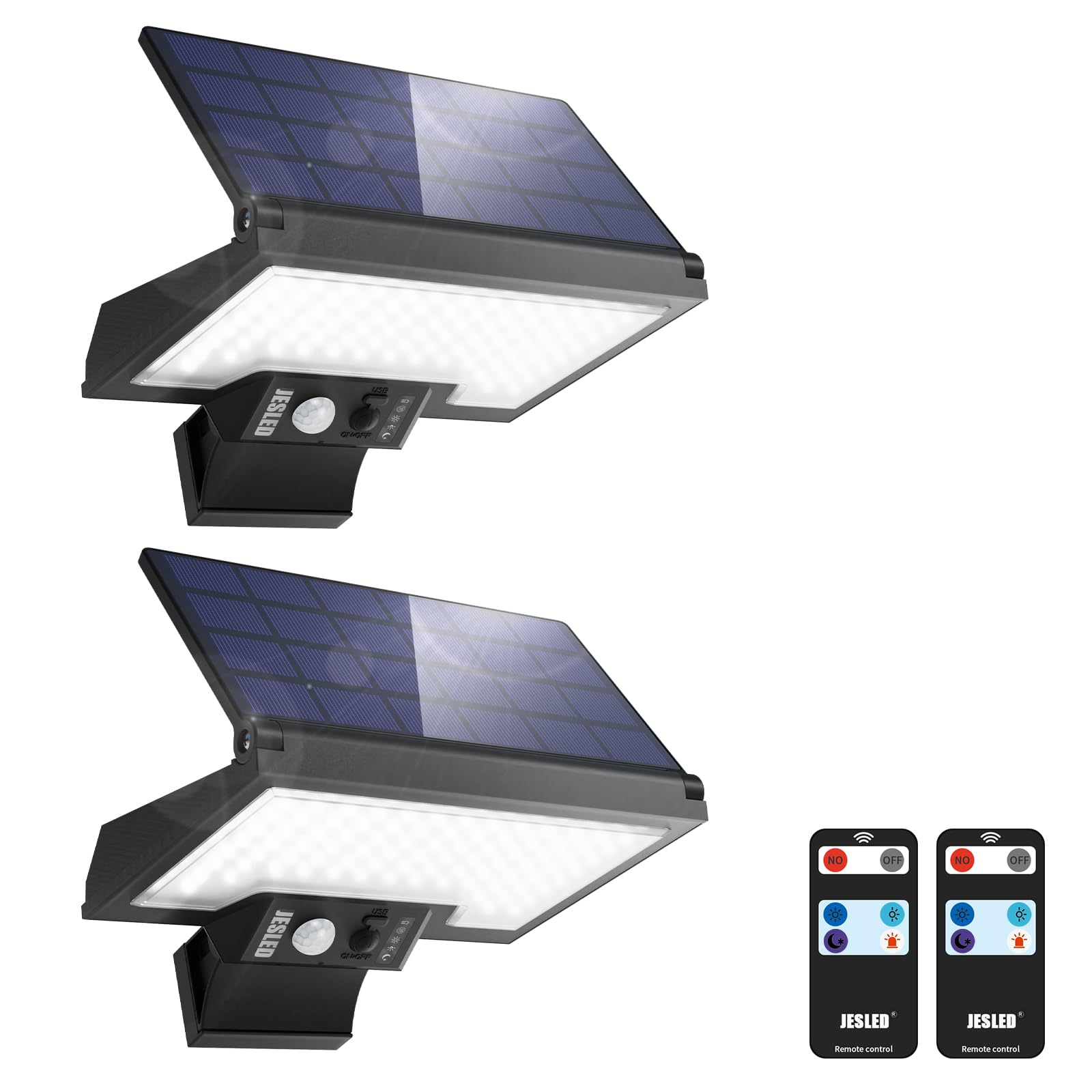 JESLED Solarlampen für Außen mit Bewegungsmelder, 108LEDs Drehbare Solar Aussenleuchte, 4 Modi Solarleuchten Für Außen, IP65 Wasserdichte Sicherheitswandleuchte Für Garten Garage, 2 Stück