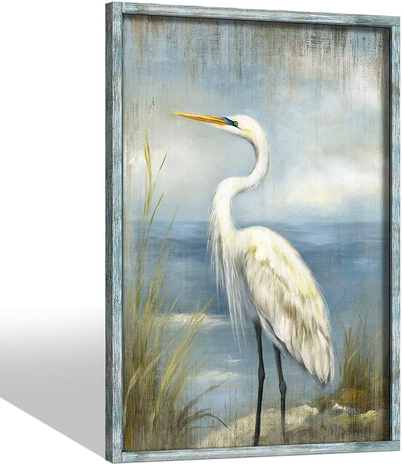 coastal beach framed wall art: large heron wooden painting ocean sea bird prints blue seasacoe picture beach seashore artwork for bathroom bedroom home office coastal heron 02 36l" x 24w"