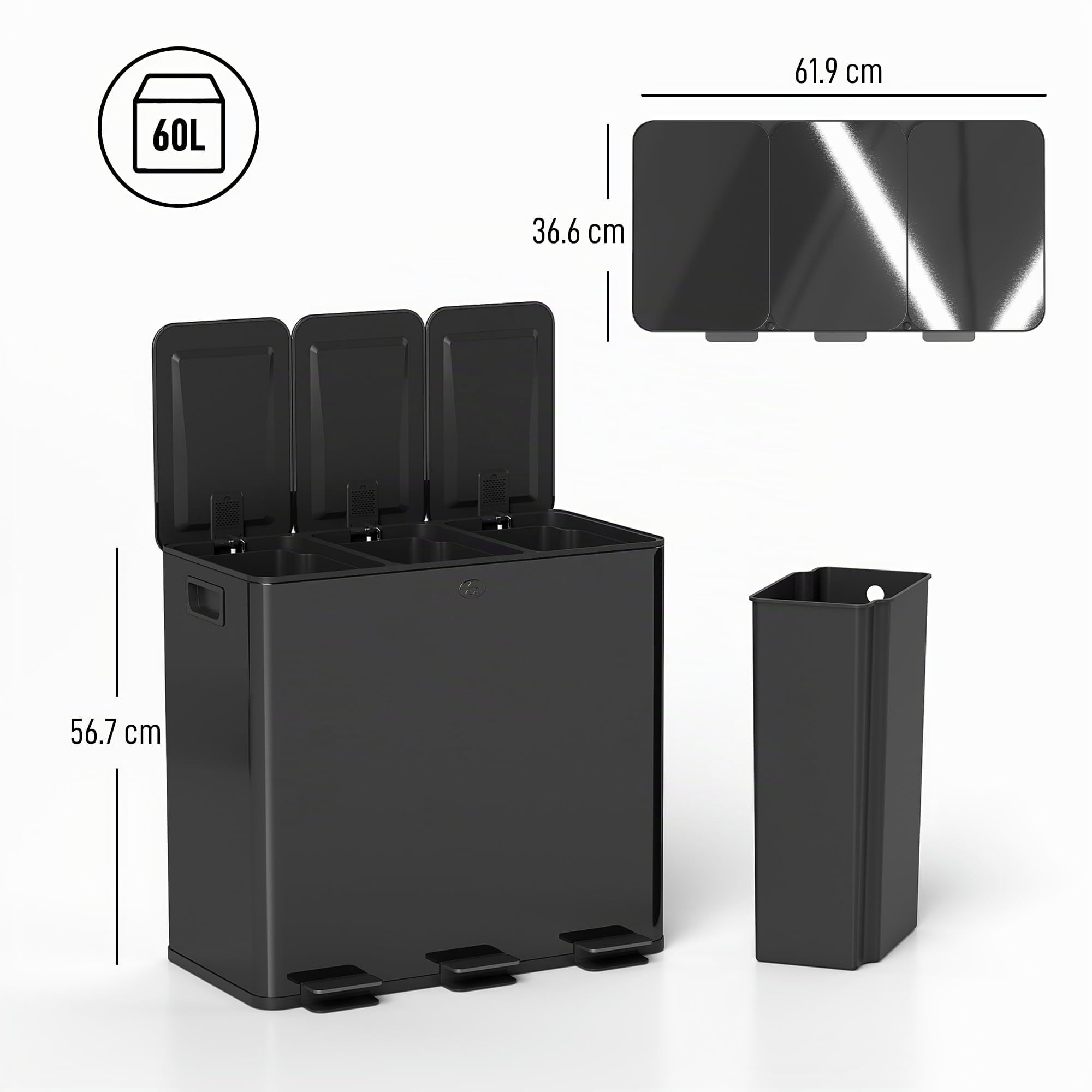 HOMCOM Pattumiera Differenziata 3 Scomparti 20L da Cucina a Pedale, Cestino Spazzatura con 3 Coperchi a Chiusura Silenziosa in Acciaio Inox e PP, 61.9x36.6x56.7 cm, Nero