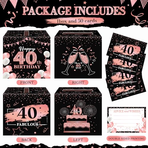 Image of Funrous 40th Birthday Party Message Card Box Black Rose Gold Advice and Wishes Greeting Card Box for Men Women Happy 40th Birthday Decorations Party Supplies Anniversary Tables Sign Decor