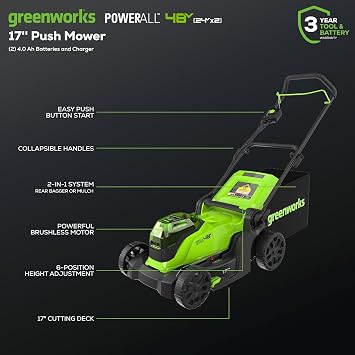 Greenworks 48V (24V x 2) 17 Brushless Mower+12 String Trimmer +320CFM Blower,(2) 4.0Ah Batteries and 2A Dual Port Charger