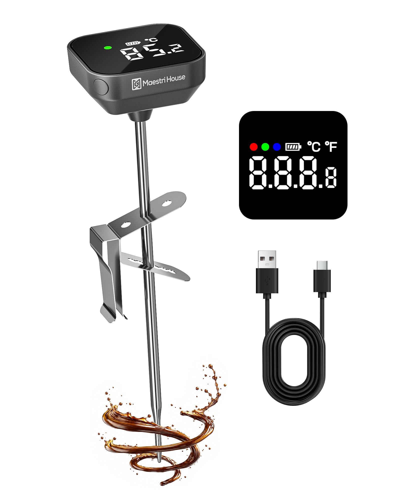 Maestri House LCD-Display Milch-Thermometer, Hohe Genauigkeit 0.1 °C/°F | Wiederaufladbares Küchenthermometer zum optimalen Aufschäumen von Milch, Barista-Thermometer mit Clip – Edelstahl, Grau