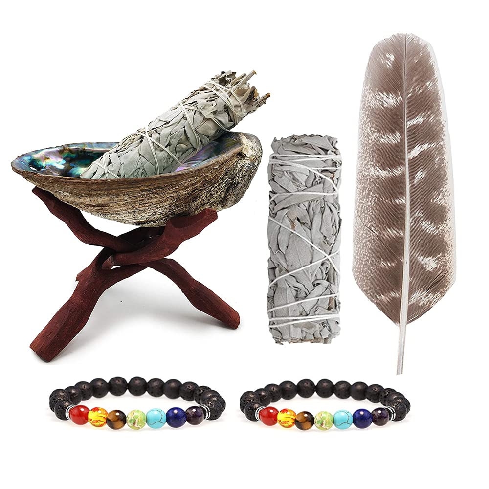 Generic Smudge Set - Premium Natural Abalone Shell, 2 White Sage Bundles, Smudging Feather, 2 Chakra Lava Bracelets for Smudging, Healing, Cleansing