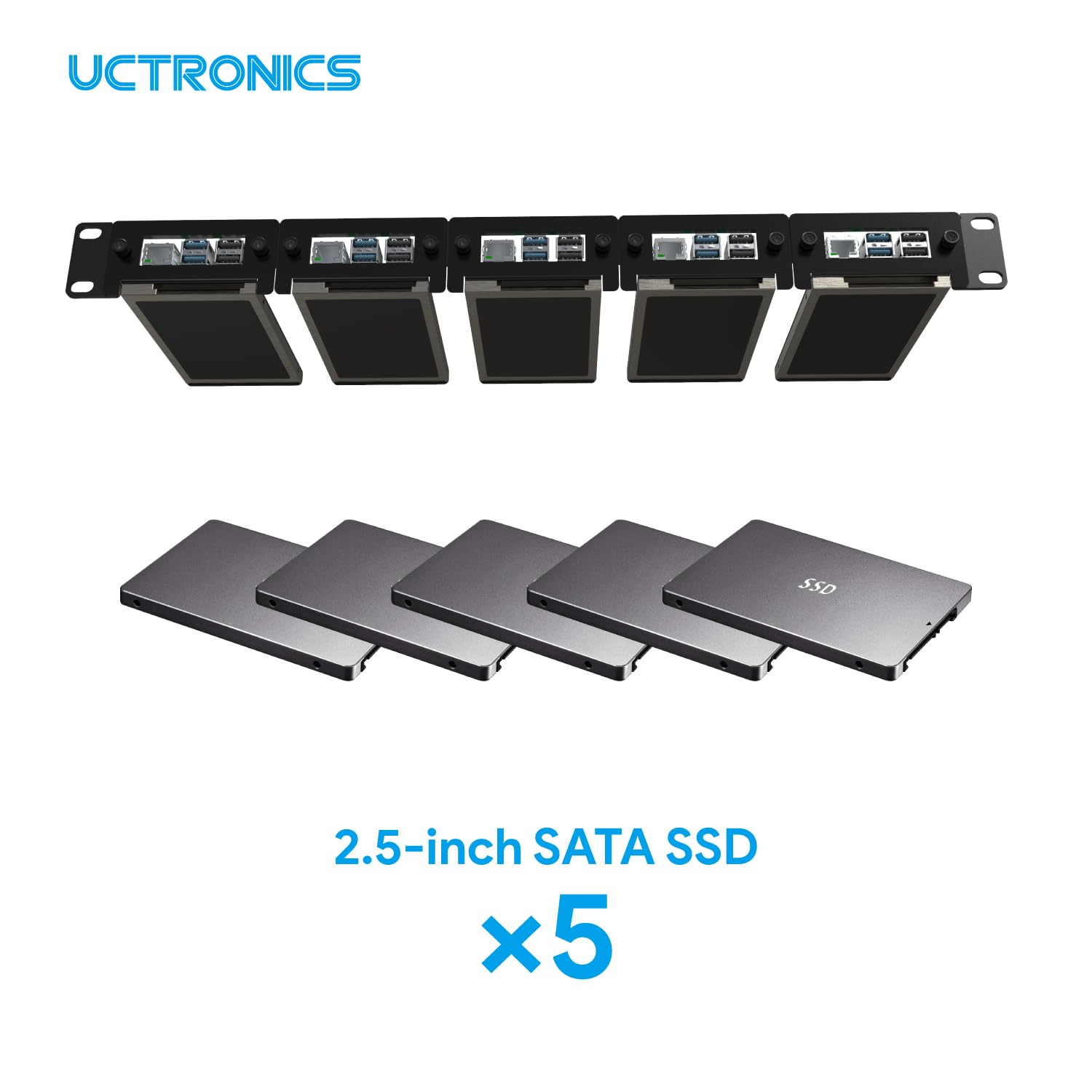UCTRONICS Supporto rack Raspberry Pi in acciaio al carbonio 19" 1U, può contenere fino a 5 schede Raspberry Pi 5/4B/3B+, staffe frontali rimovibili, compatibile con SSD da 2,5"