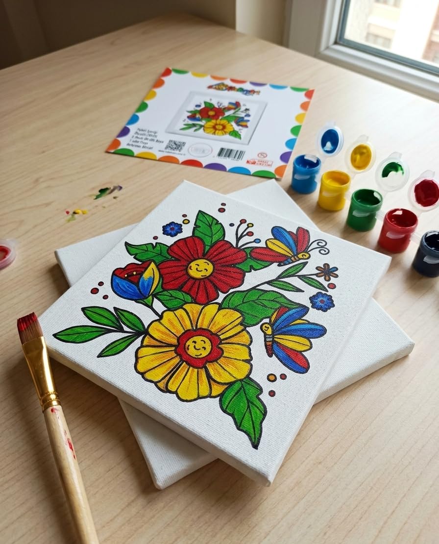 Figürlü Tuval Boyama Seti 20x20 cm – 1 Adet Fırça, 6 Renk Akrilik Boya ve Referans Görselli Hobi & Kendin Yap Boyama Kiti (1, Çiçek Kelebek)