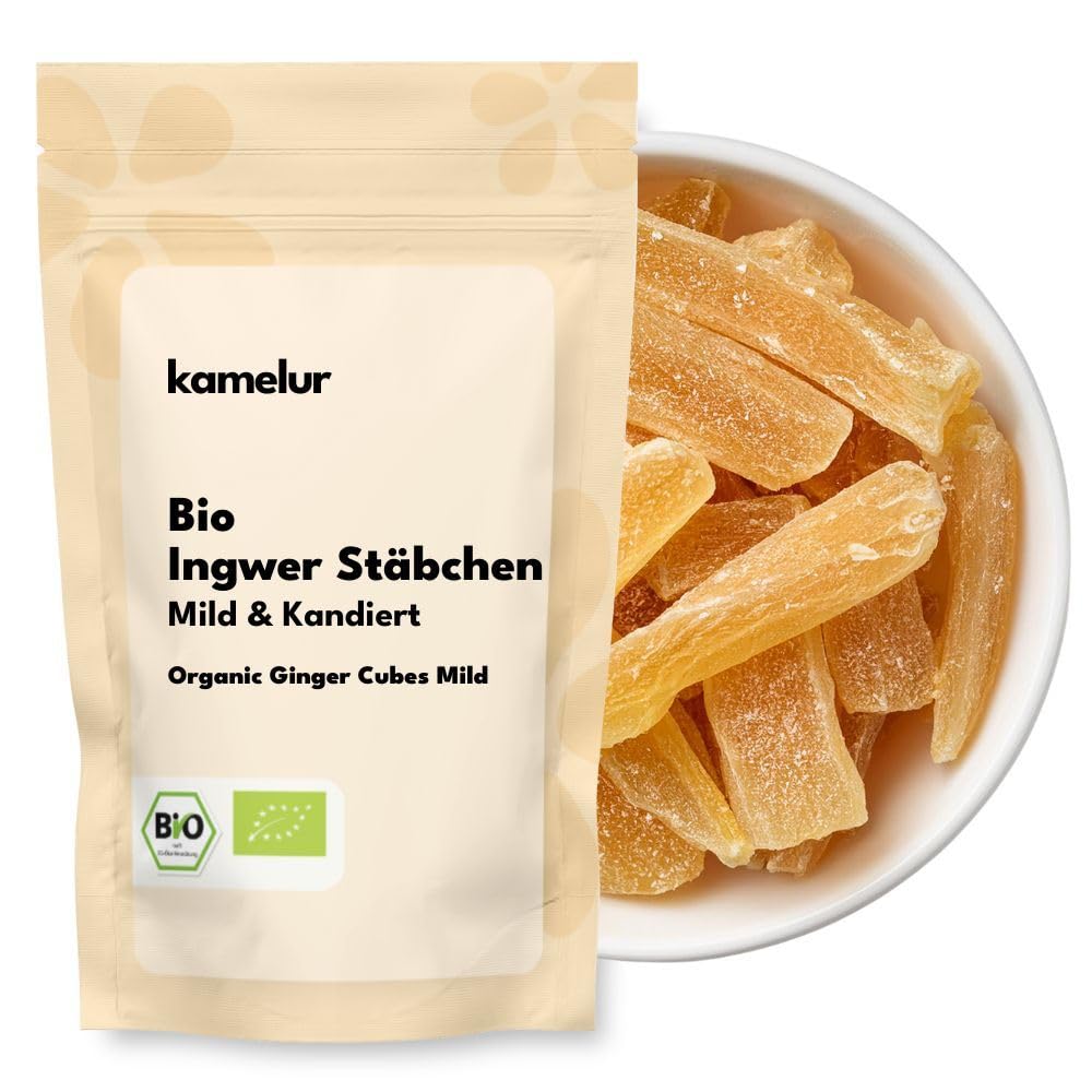 Kamelur 1kg de bâtonnets de gingembre BIO doux - Bâtonnets de gingembre confit de qualité bio supérieure, sans sulfites