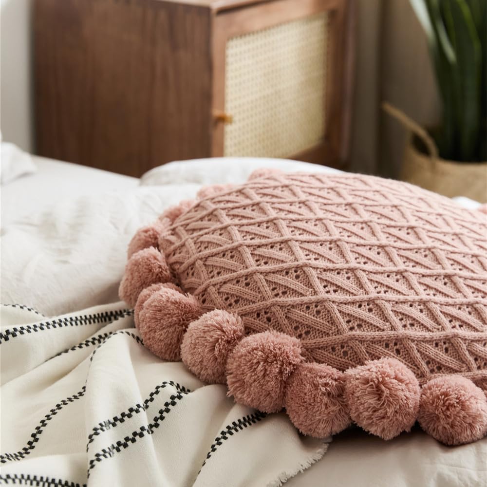Lindo cojín Redondo con borlas y Pompones, Almohada Decorativa para decoración del hogar para Cama, sofá, Silla de Punto esponjosa, cojín para Coche, Gris, 50x50cm