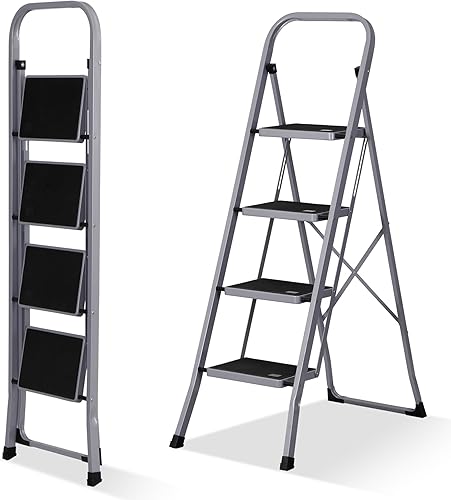 F2C Escalera plegable de 4 escalones con práctico mango portátil, taburete de acero resistente, pedal antideslizante ancho 330 libras, blanco y