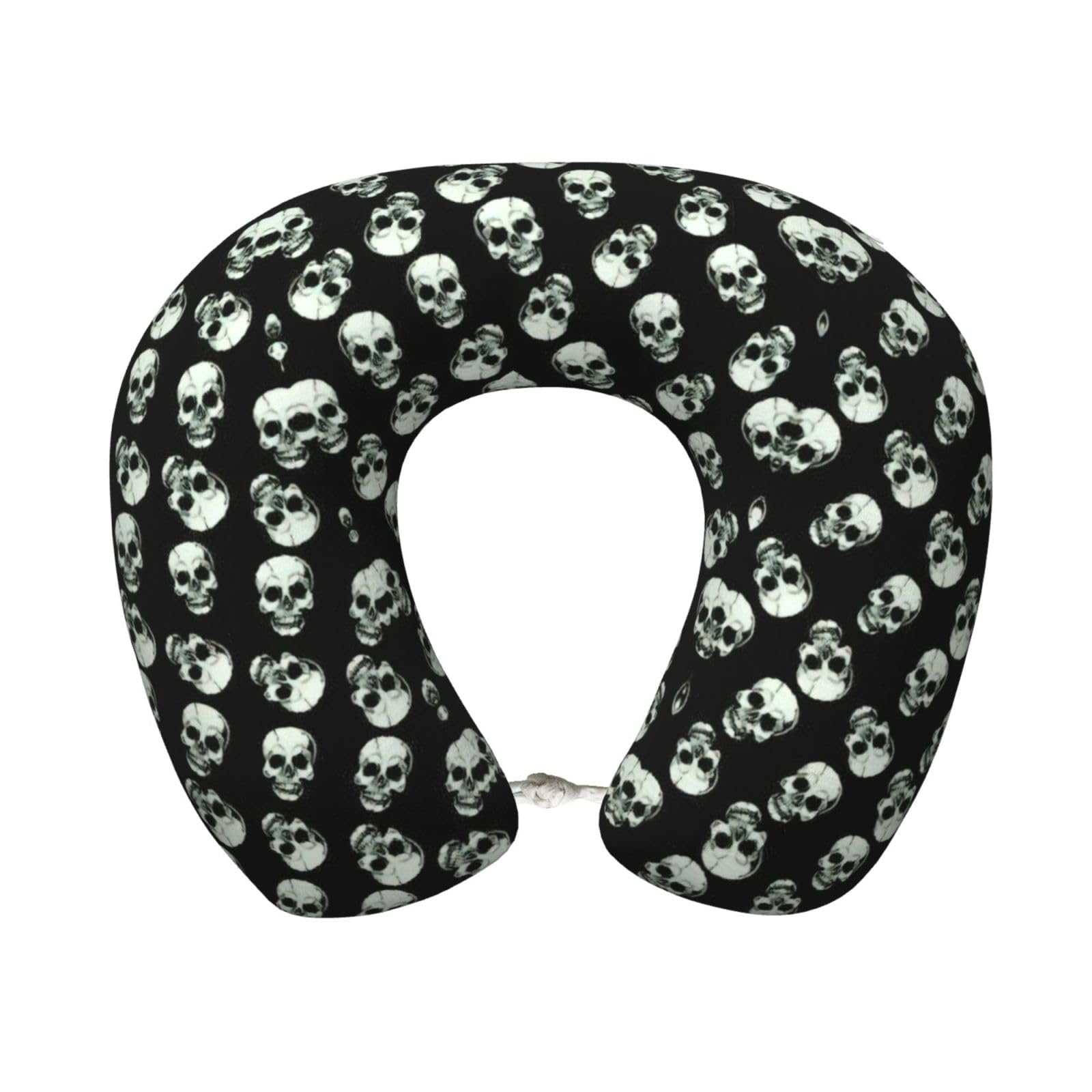 ASFgda U-Shape Memory Foam Black Skull Print Travel Pillow,Neck Support,Washable Cover For Airplane Car Home Office