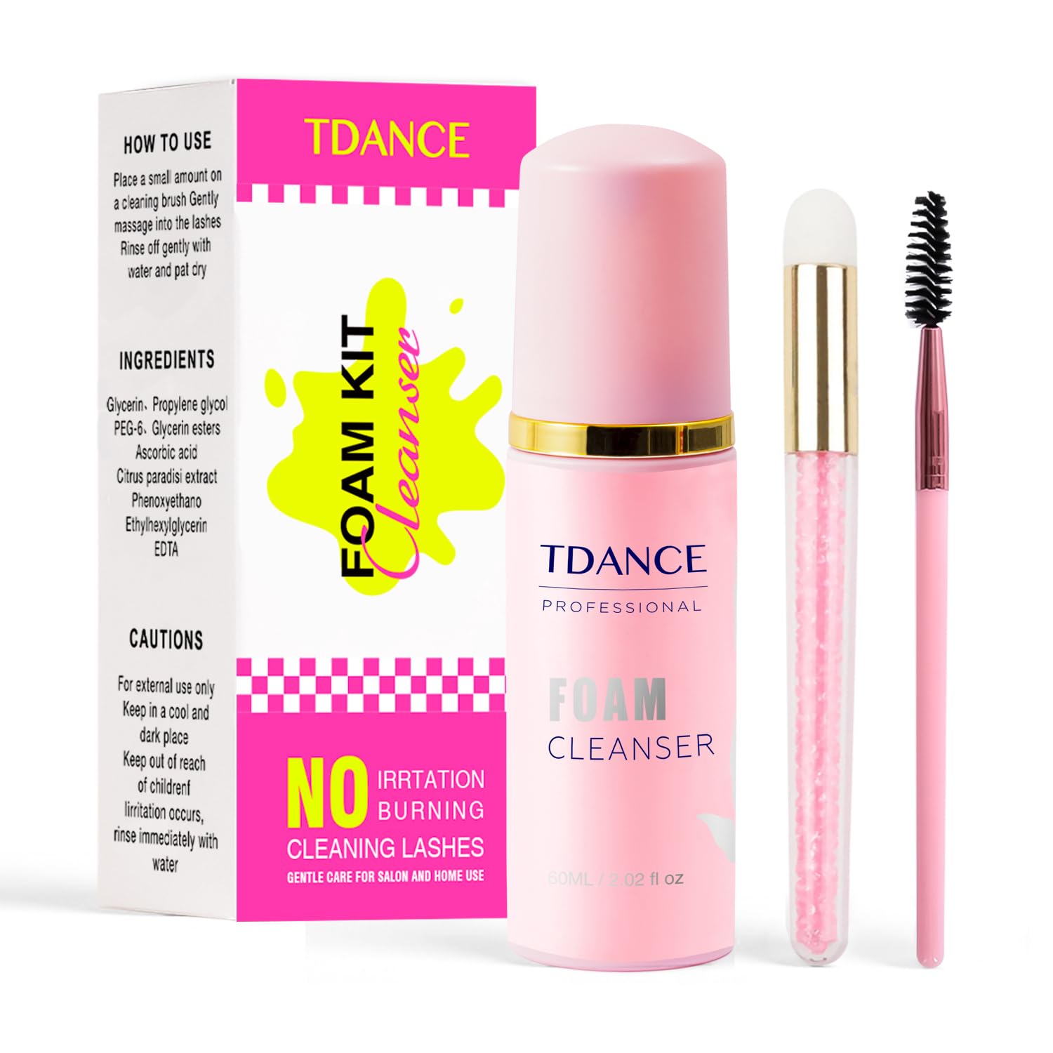 TDANCEEyelash Extension Cleanser + Brush (60ml) / Shampoo / Wash for Extensions & Natural Lashes / Unscented, Oil, Paraben, Sulfate Free / For Professional & Home Use