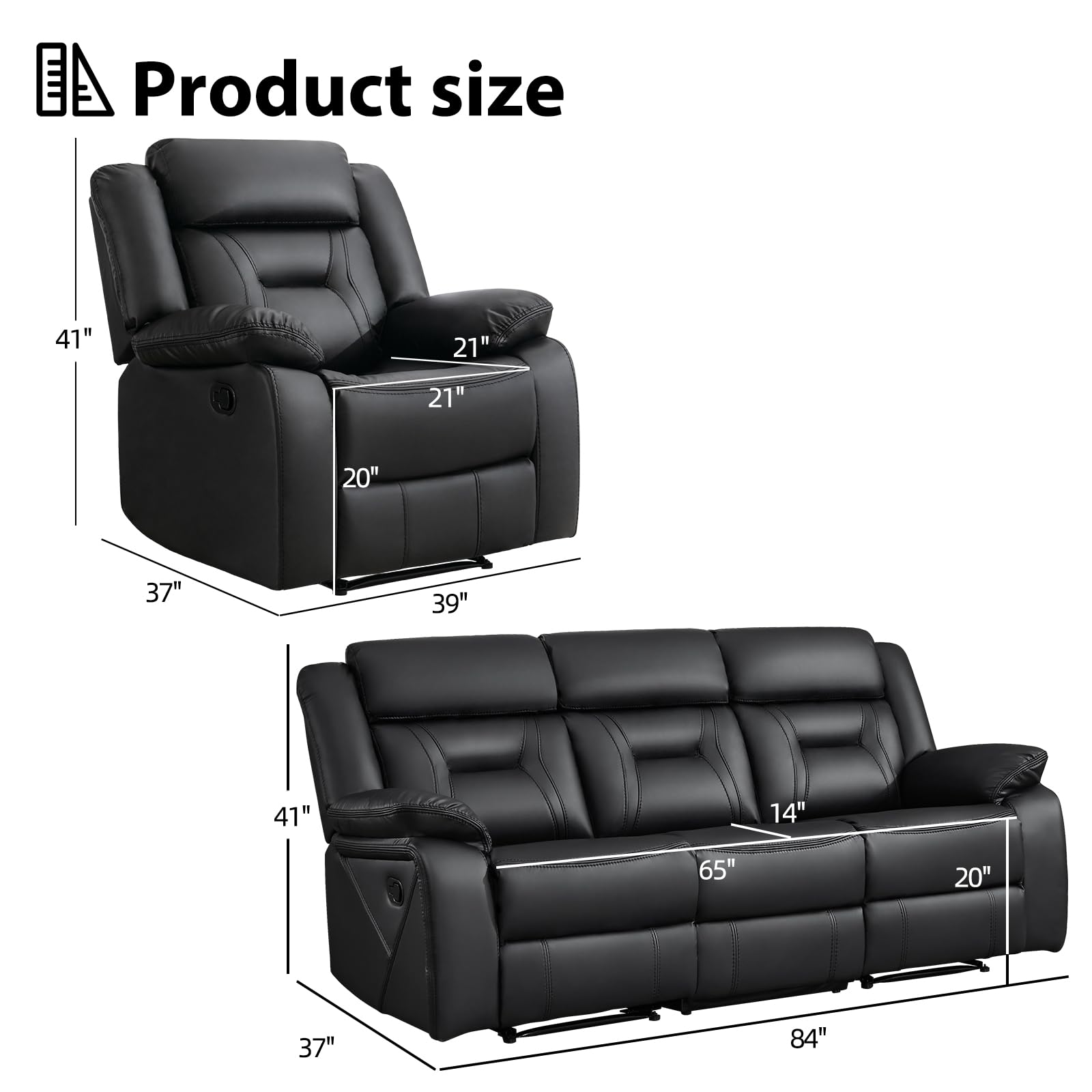 EBELLO Manual Recliner Sofa Set, Faux Leather Reclining Living Room Furniture Set, Included Recliner Chair and 3 Seat Manual Recline Sofa, Black view 2