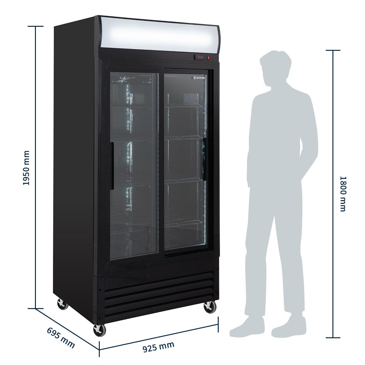 GastroHero Frigorifero per bevande Eco 630 con luce e ante scorrevoli, 8 ripiani regolabili, volume 630 l, porta in vetro, illuminazione interna, nero, per ristorazione e commerciale