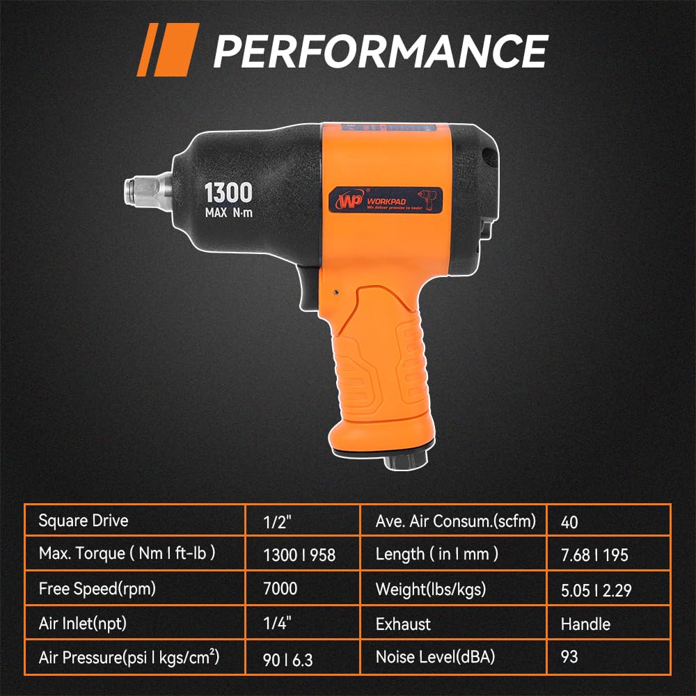 Workpad WPIW1300 - Chiave pneumatica professionale, colore: nero e arancione, utensile pneumatico resistente