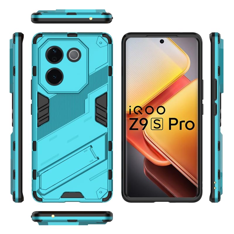 Image of Rugged Hard Back Case Cover for Vivo T3 Pro - Military-Grade Armor with Screen & Camera Guard, Dual-Layer Shockproof Design, Raised Edges, and Built-in Kickstand - Cyan Blue