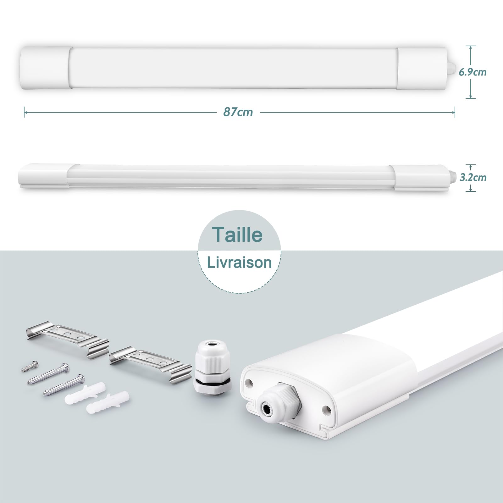 Lot de 2 lampes LED pour pièces humides - 90 cm - 30 W - 3300 lm - Blanc neutre 4000 K - Étanche IP65 - Plafonnier plat