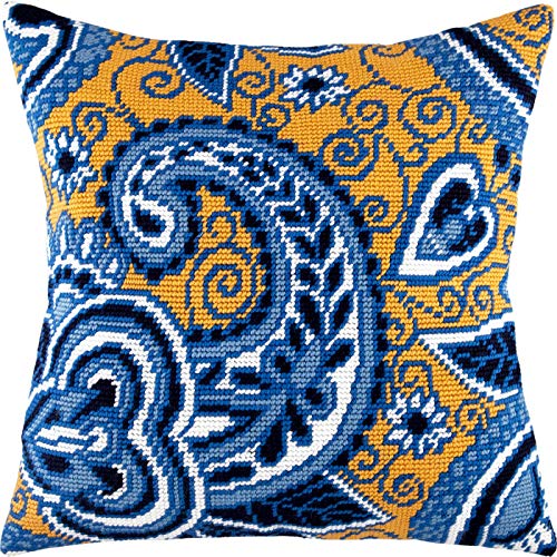 Brvsk Ornamental Embroidery Kit for Adults and Beginners — Azure and Gold 16″ × 16″ with Clear, Precise Printed Design on Cotton Canvas; Includes 2 Needles, Yarn, and Easy-Read Chart