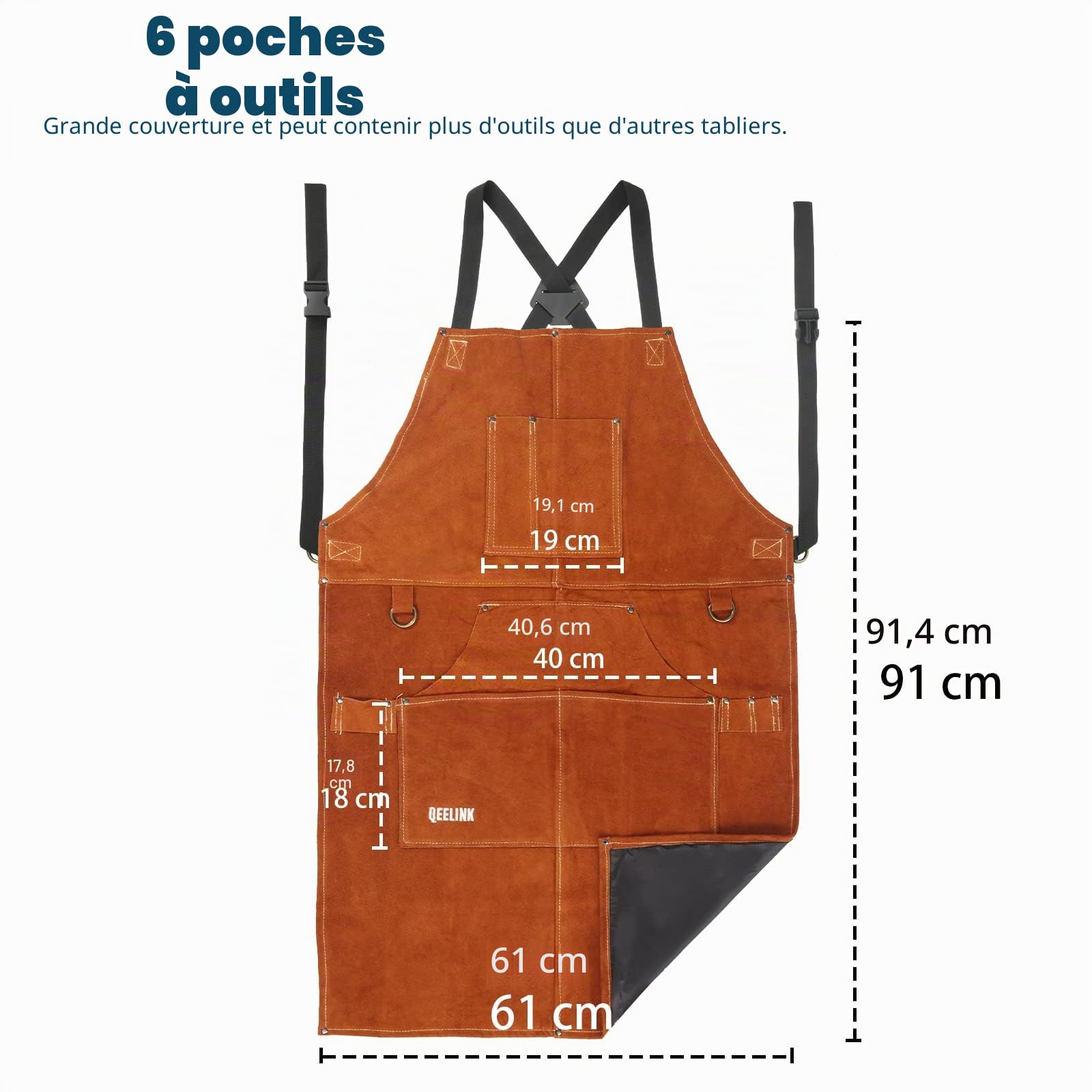 QeeLink Tablier de travail en cuir avec 6 poches à outils, tablier de soudure robuste pour homme et femme, résistant à la chaleur, 61 cm x 91 cm, réglable de taille M à XXL