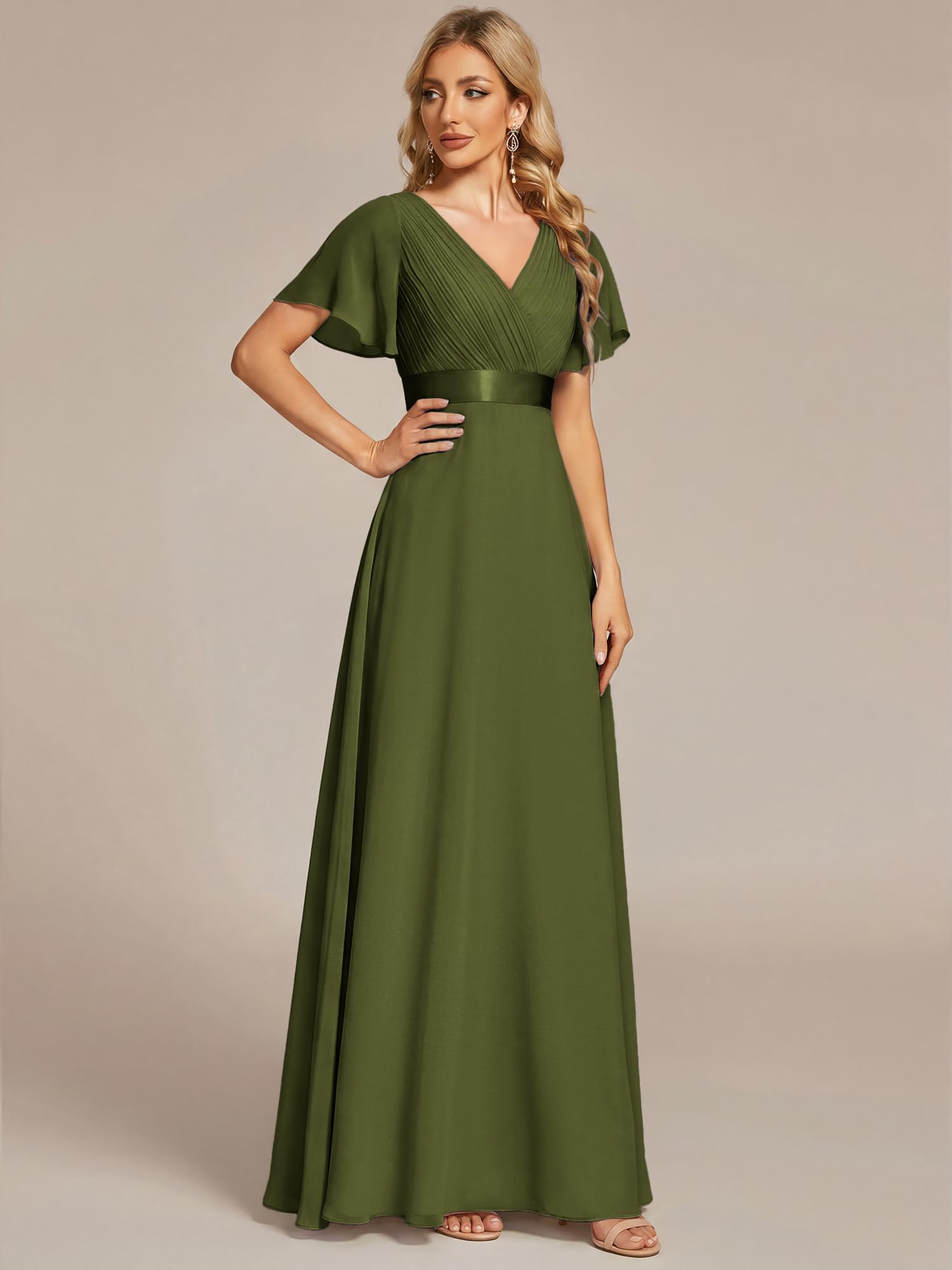 Ever-Pretty Robes de Demoiselle d'honneur Col en V Manches Courtes Mousseline Maxi Robe évasée ES09899