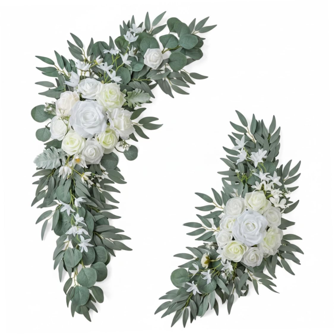 Perodlly White Flowers For Arch, Wedding Arch Flowers Kit, Flower Decor - 2-Piece Floral Swag With Gray-Green Foliage For Wedding Backdrop & Welcome Signs..