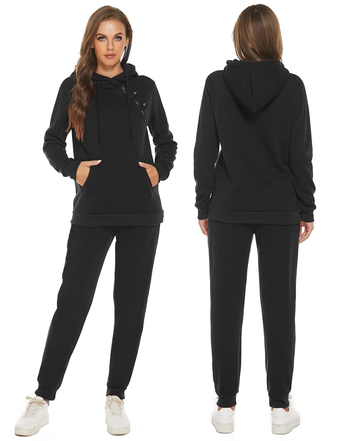 Damski dres treningowy, dwuczęściowy, z długim rękawem, z kapturem, na jesień, zimę, do jogi, fitnessu, uprawiania sportu, na czas wolny, czarny, S