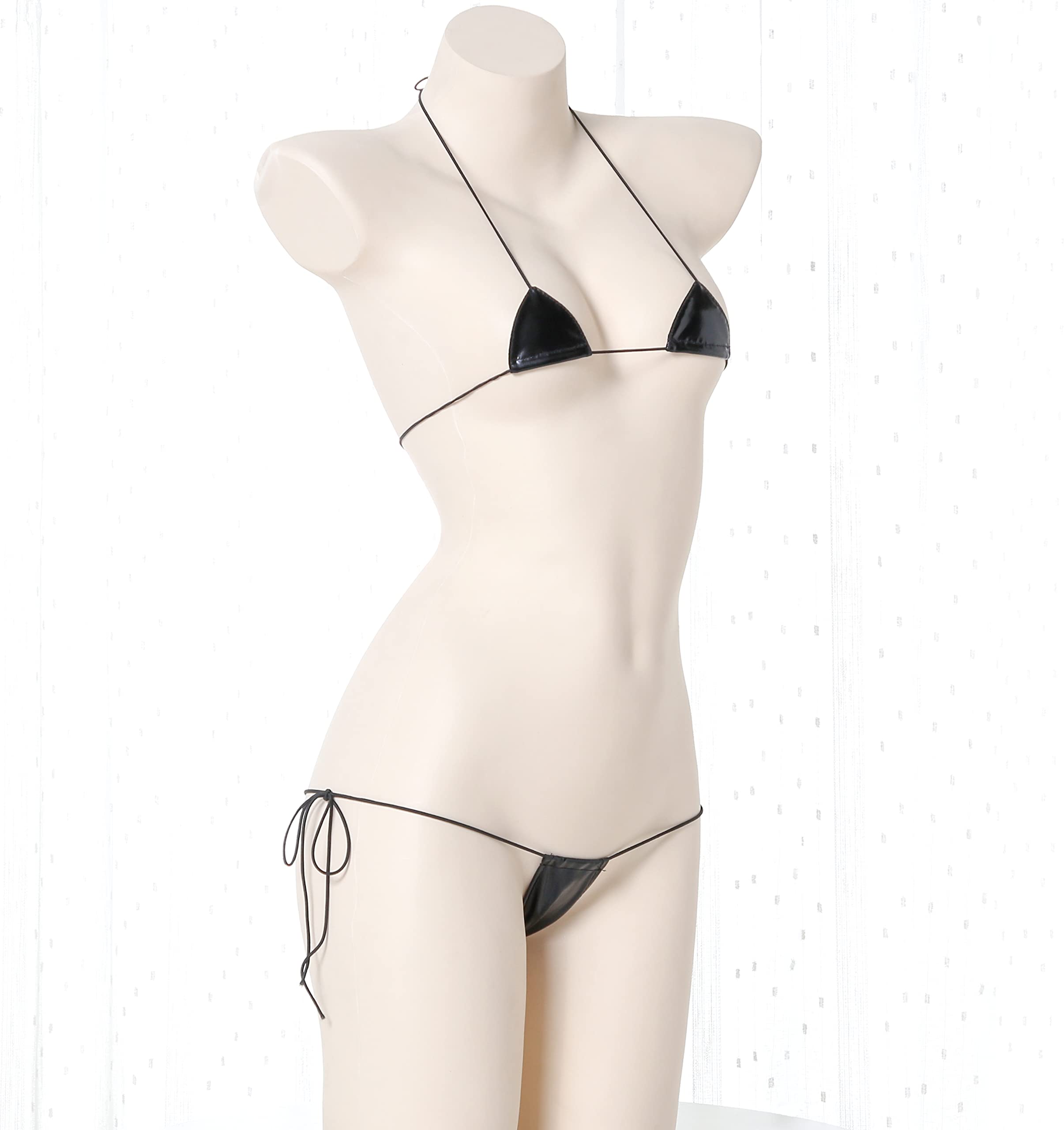 JasmyGirls Leather Micro Bikini Extreme Anime Lingerie Sexy Cosplay Outfit Japanese Bra Panty Set Two Piece Thong Swimsuit: Black