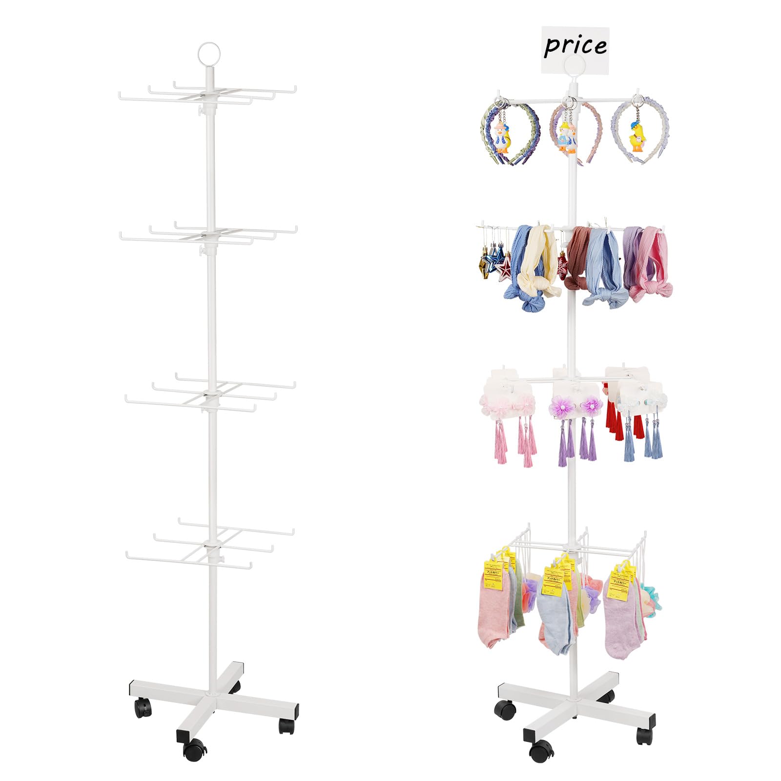 Whchiy White Retail Display Stand Rotating Display Rack 4 Tier Spinning Display Stand For Craft Shows, Jewelry, Keychain, Earring Adjustable Height Retail Display Racks (White)