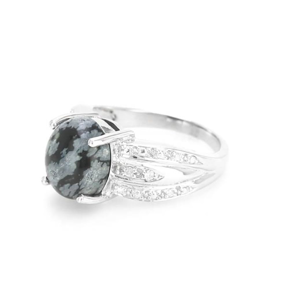 Cavill Schneeflocken Obsidian Ring 3,81 ct ovaler Cabochon mit 925er Sterlingsilberband und 4 funkelnden Zirkonen aus Kambodscha, eleganter Silberring Größe 16