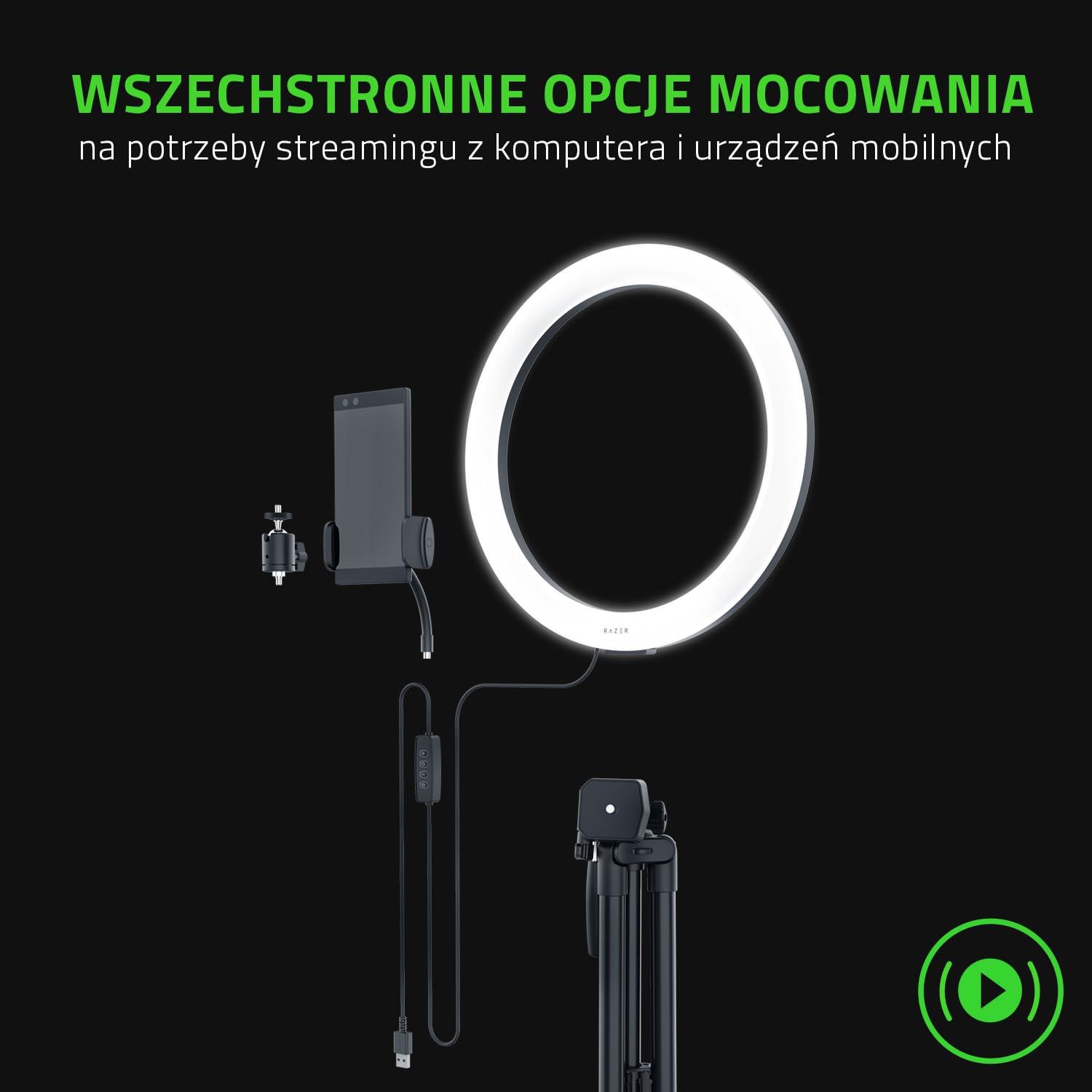 Razer Ring Light - 12-calowa lampa pierścieniowa LED USB + Statyw do streamingu z komputerów PC i urządzeń mobilnych (Regulowane spektrum światła, Wszechstronne opcje mocowania) Czarny