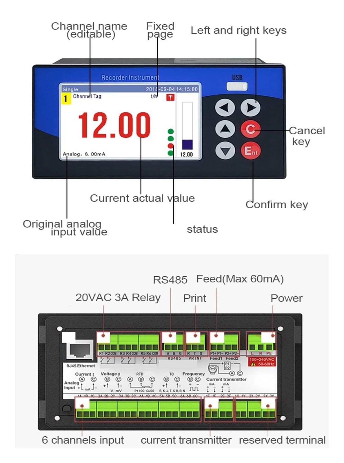 Datenlogger Temperatur Druck Strom Spannung Rekorder Trenddiagramm Datenbericht PT100 4-20 mA Analog RS485 USB(4Channels(220VAC))