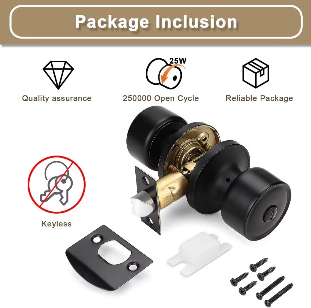 Privacy Interior Black Door Knob with Lock for Bedroom and Bathroom, Flat Indoor Keyless Door Lock for Bedrooms, Modern Matte Black Door Handles Interior 4 Pack