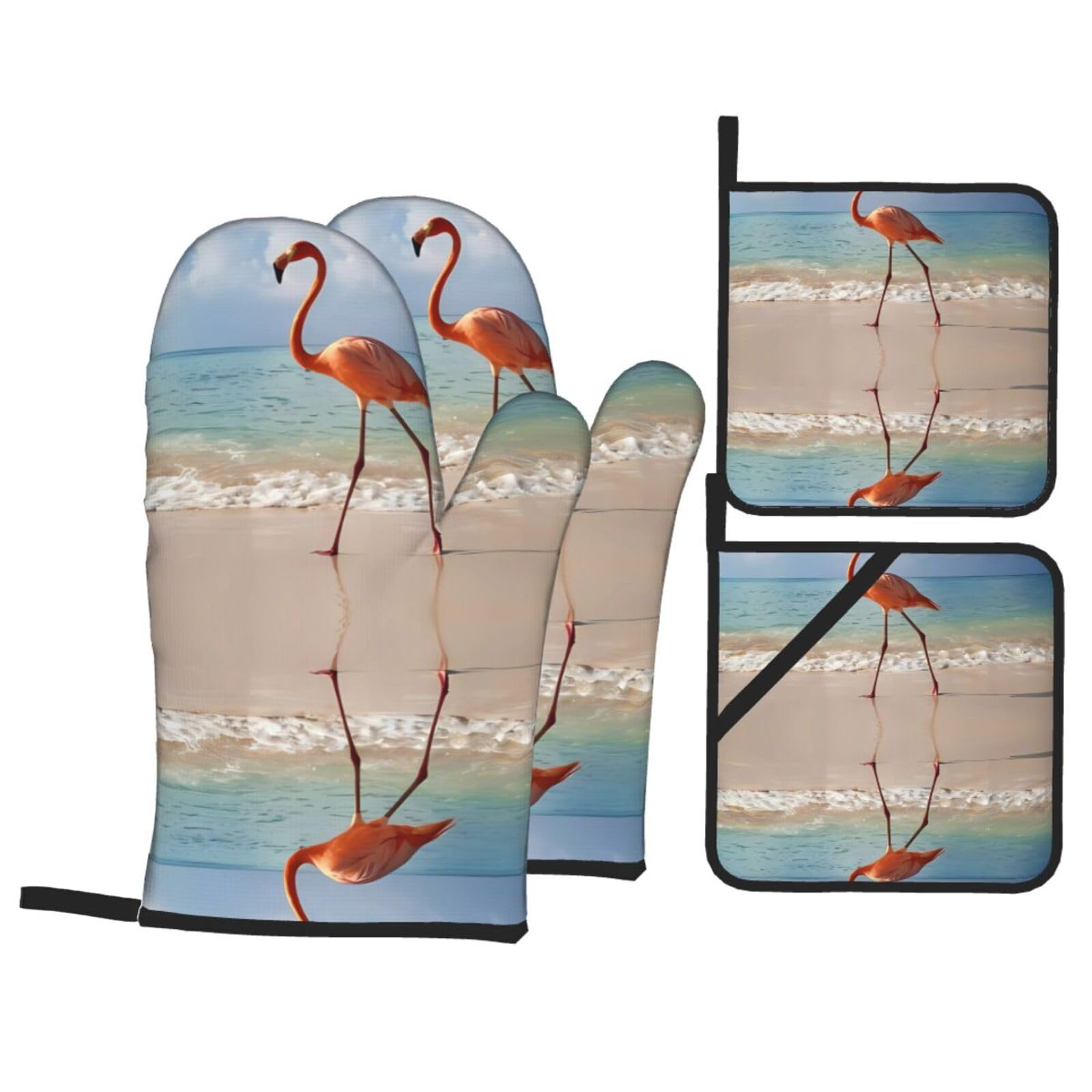 HJFCZH Beautiful Flamingo Prints Kitchen Covers: Waterproof Oven Layers for Safe Cooking & Easy Cleanup - 4 Piece Heat Protection Set