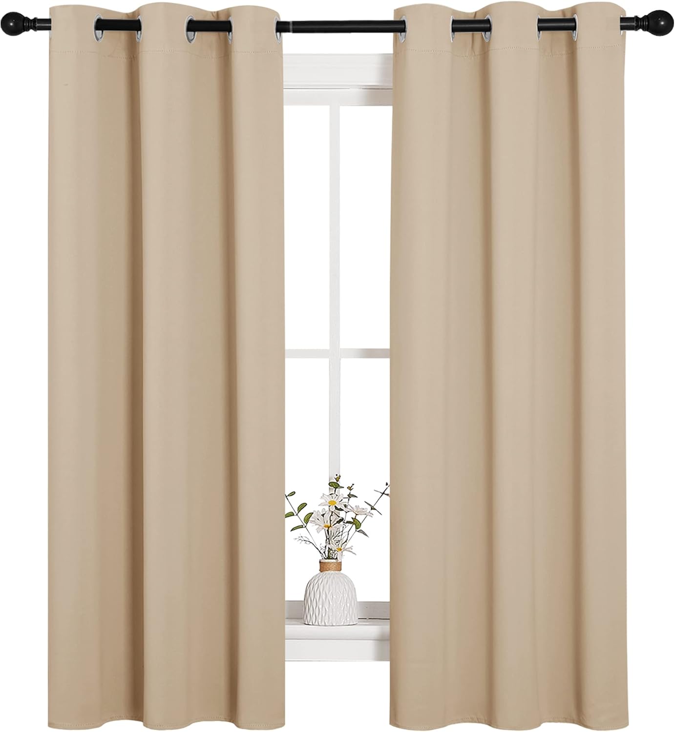 NICETOWN 1 Panel 46" x 63" Tie up Curtain with 2 Panles 34" x 63" Gromemt Blackout Curtains for Living Room Thermal Insulated Window Shade for Bedroom, Biscotti Beige