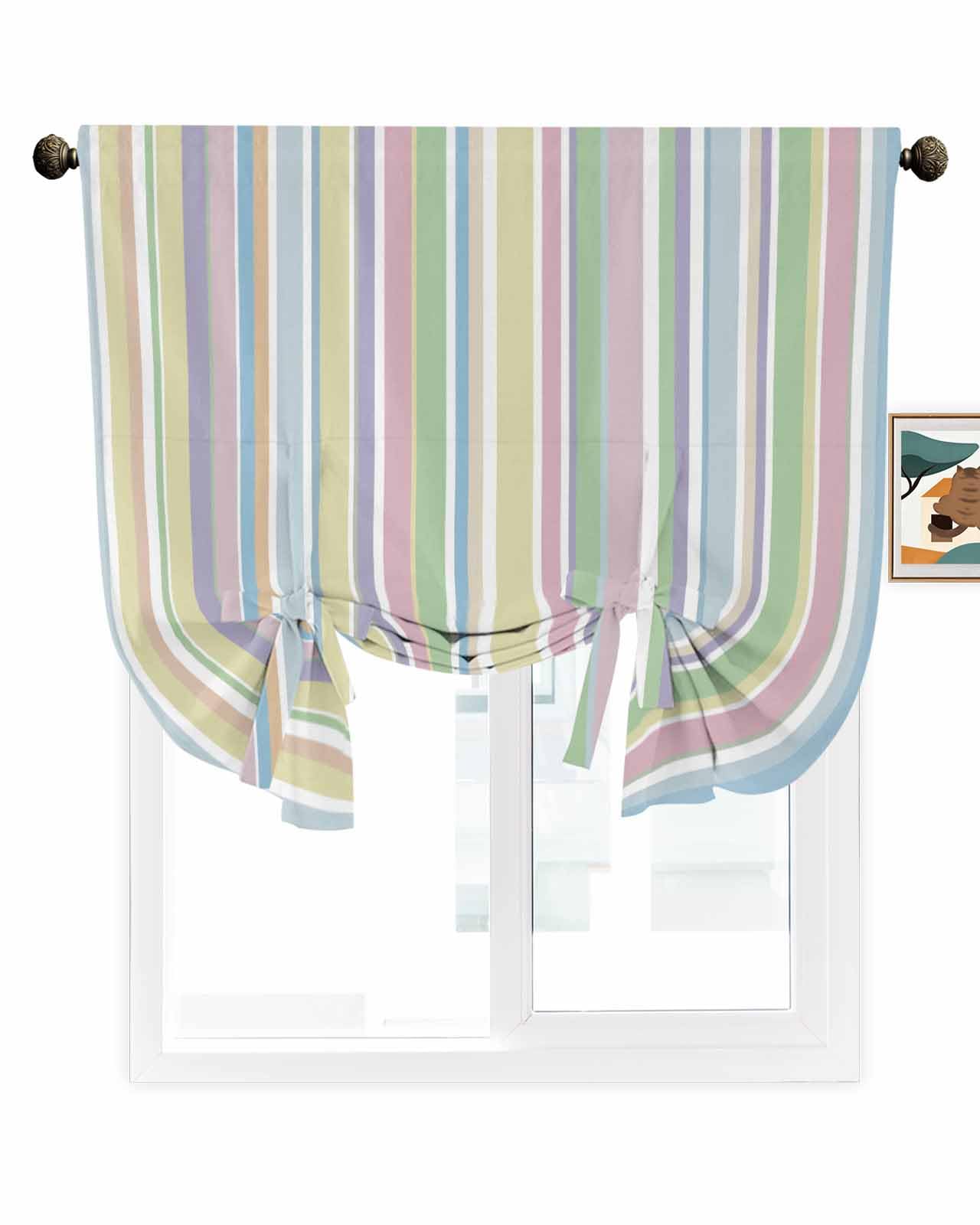Ldtrchee Colorful Striped Tie Up Curtains 54 Inches Length for Kitchen, Farmhouse Rainbow Color Stripes Nature Linen Textured Privacy Curtain,