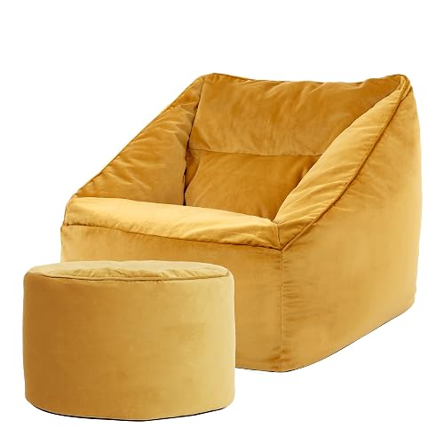 Icon Natalia Sitzsack Sessel mit Sitzpuff für Erwachsene, Gelb, Flauschiger Samtstoff, Riesen Sitzsack Samt mit Füllung, Bean Bag Chair, Bequemer Sessel Wohnzimmer, Lounge, Schlafzimmer, Büro - Gelb - Sitzsack + Hocker