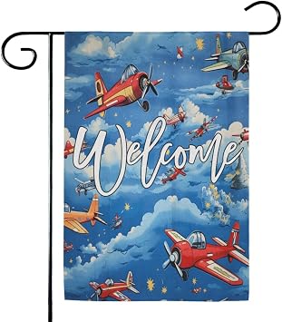 Aircraft Airplane Printed Welcome Garden Flag, 28 x 40 Vertical Double Sided Vintage Airplane Flag, Farmhouse Holiday Outside Decorations Yard