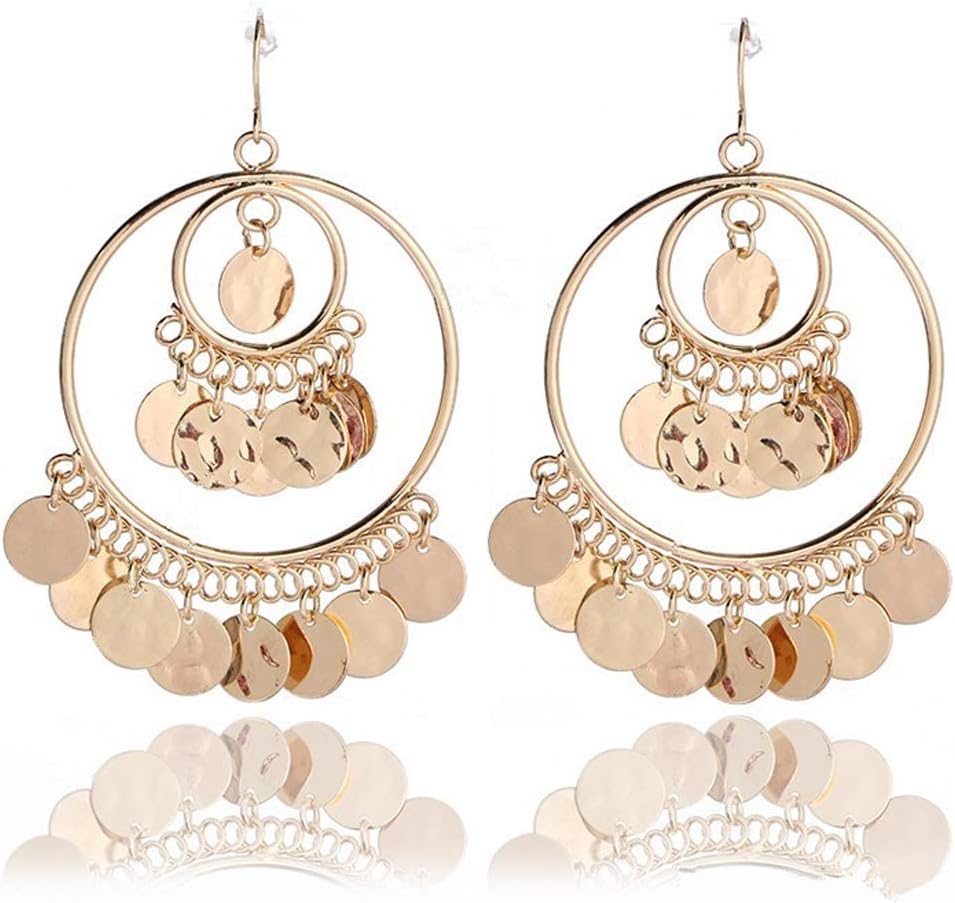 COLORFUL BLINGBohemian Chandelier Coin Sequins Dangle Drop Earrings Ethnic Gypsy Beads Tassel Hoops With Disc Charms Boho Ear Jewelry Women