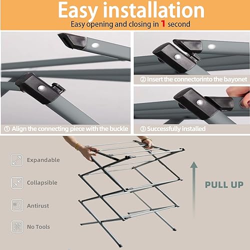 Miniatura 4 de Estante de secado de ropa, estante plegable de 3 niveles, doble prevención de óxido, estante de lavandería móvil y expandible para el hogar al aire