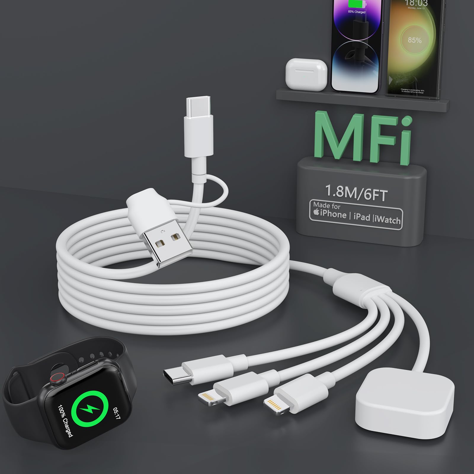 4 in 2 Apple Watch Charger, USB C Multi Watch Charging Cable for Apple Watch/iPhone/Airpods, Watch Magnetic Cord for iWatch Series SE/8/7/6/5/4/3/2- Travel iWatch Charger for USB C/Lighting Port (6FT)