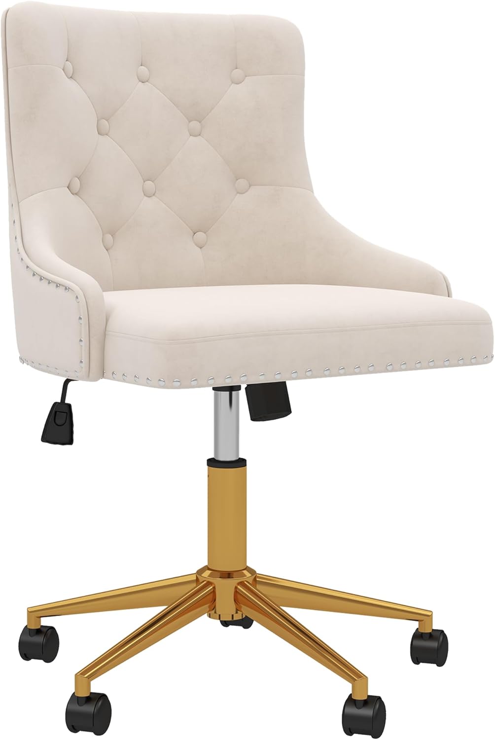 Westice Velvet Desk Chairs, Upholstered Swivel Comfy Makeup Vanity Chair with Tufted Back, Gold Metal Base & Wheels, Height Adjustable Chair for Girls, Bedroom Living Room, Beige