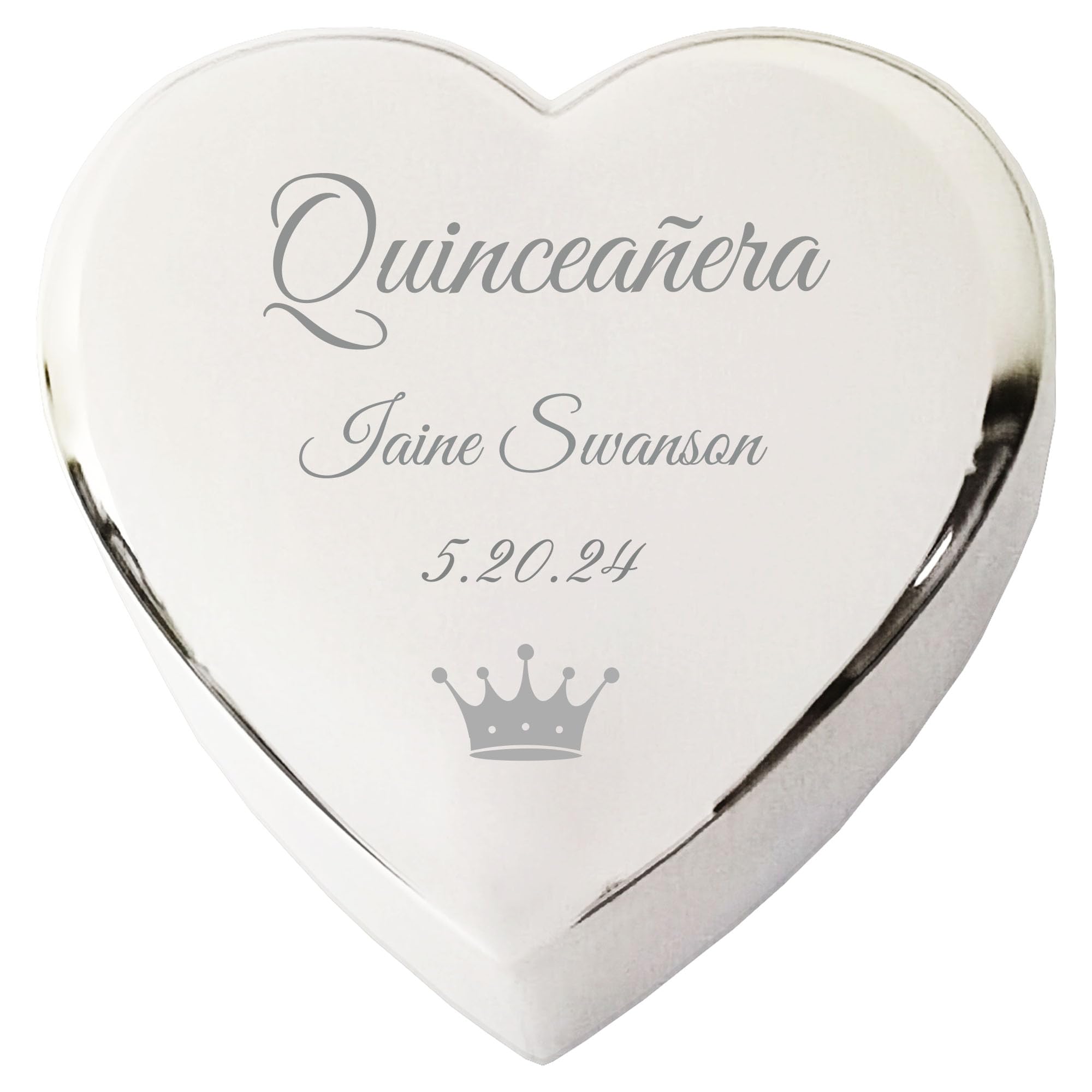 Crezusvo Personalized Quinceanera Gifts Heart Jewelry Keepsake Box with Custom Engraved Cross Name and Date for Quinceañera Gift for Girls, 15th Birthday Silver Trinket Boxs