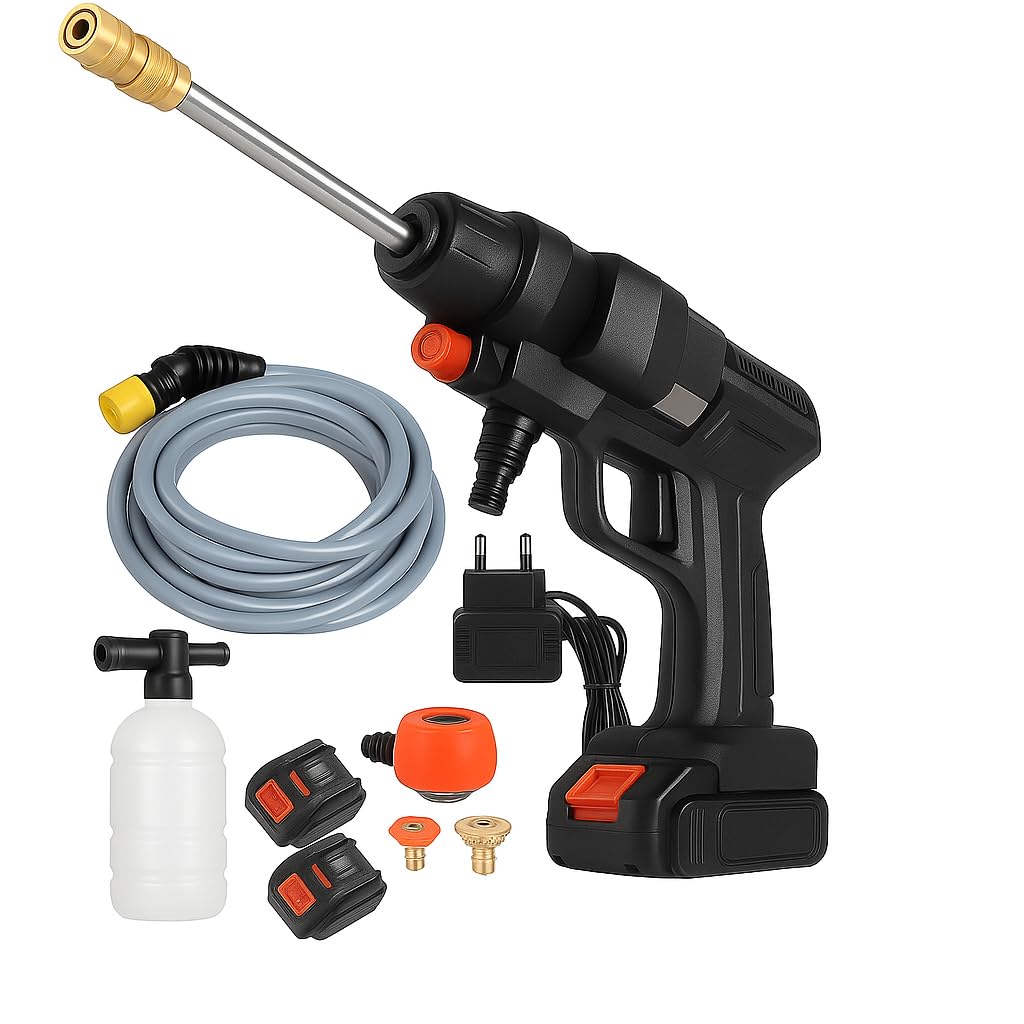 Idropulitrice a Doppia Batteria 48V 8000Mah, Ugello 6 in 1, Idropulitrice Portatile con 2 Batterie e Tubo da 5M, Pulitore ad Alta Pressione Senza Fili per Auto, Giardino, Pavimenti e Esterni