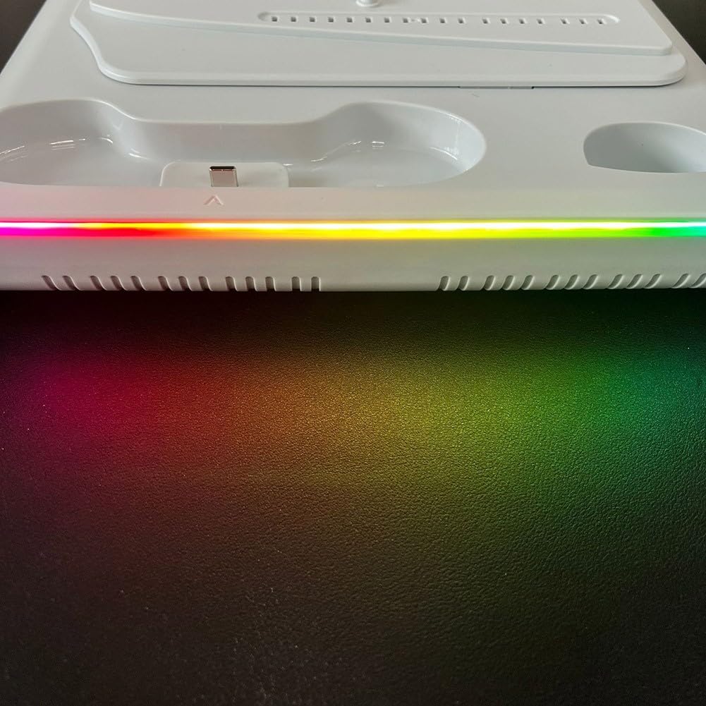 Gaming-Zubehör für PS5 Slim, Kühlfuß mit RGB-Beleuchtung, Dual-Controller-Ladestation, 3 Lüfterstufen, Lagerung für 5 Spiele und Fernbedienung, Weiß