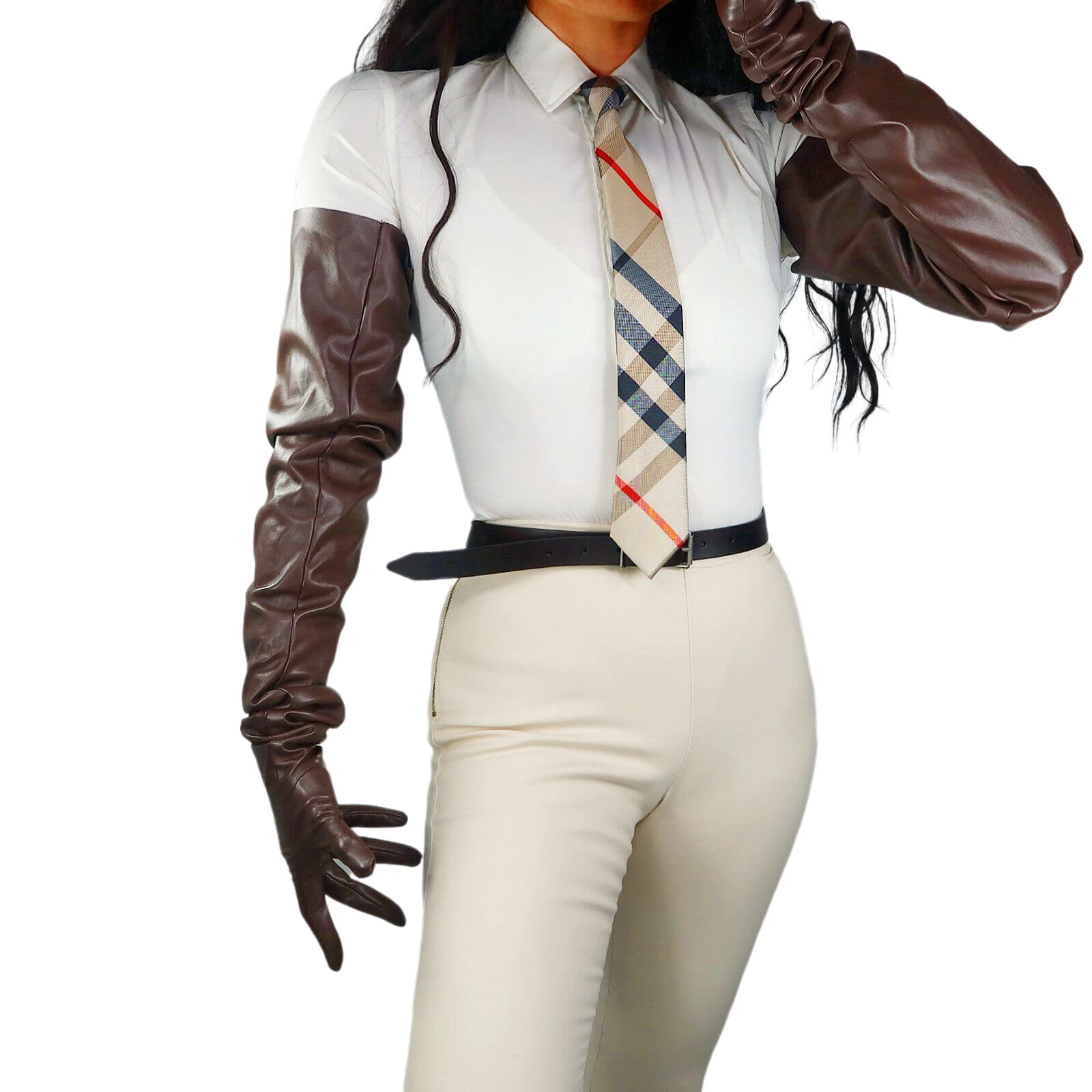 DooWay Women Fashion Super Long Leather Gloves Oversize Loose Shoulder Length PU 35 Inches Adult Unisex Coffe