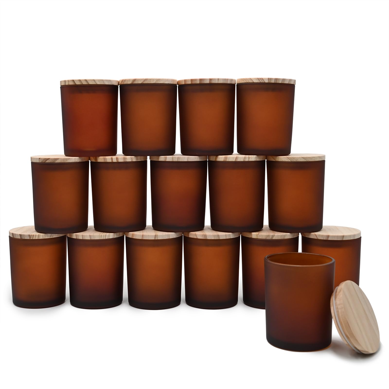 SHOWIN Thick Candle Jars for Making Candles 16 Pcs, 7 OZ Amber Empty Jars with Wood Lids Spice Jars, Sample Container - Dishwasher Safe, Frosted Brown