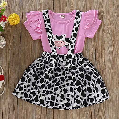 Toddler Baby Girl Ruffled Fly Sleeve Cow Top Shirts + Leopard Suspender Skirts Overall Dress Clothes Set3