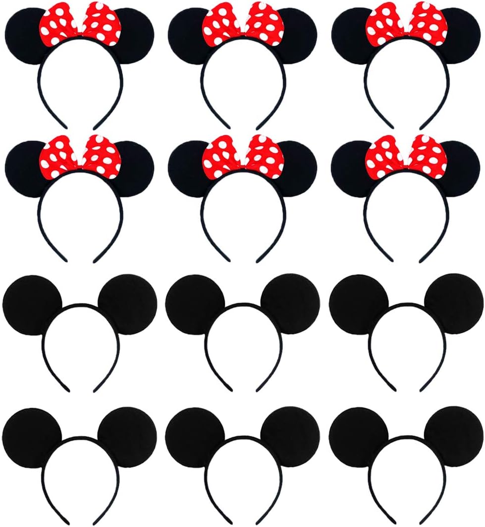 Mouse Ears Headband Adult Headband Mouse Costume Solid Back Red Pink Bow Birthday Party Theme Park Costume Play Celebration Pack of 12 (Black & Red)