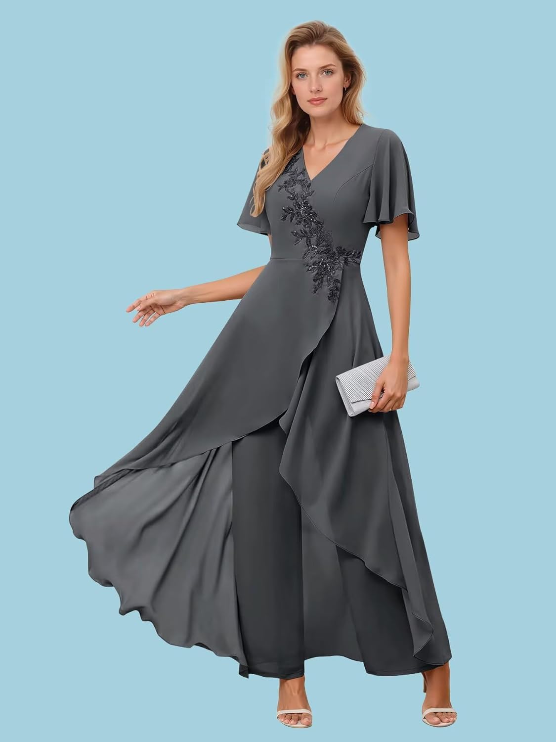 Lace Appliques Chiffon Mother of The Bride Pant Suit Women Dressy 2 Piece Formal Pantsuits High Low Short Sleeve