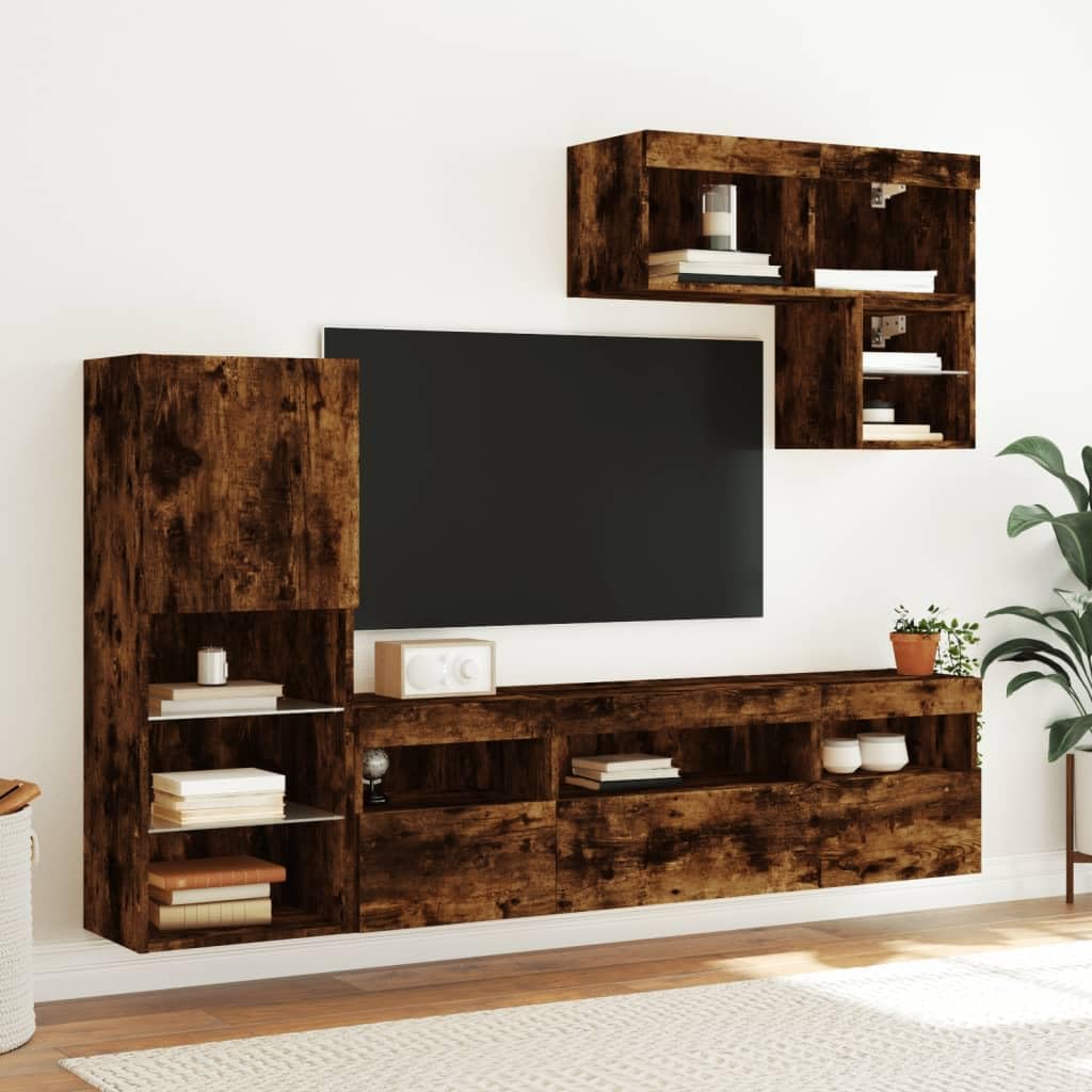 Juego de 6 muebles de pared para TV, madera de roble ahumado, con iluminación LED RGB, montaje en pared, ofrece un amplio espacio de almacenamiento para libros y medios, versátil como pared de